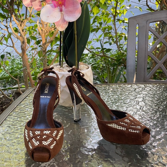 Fendi Brown Suede Peep Toe Mesh Clear 